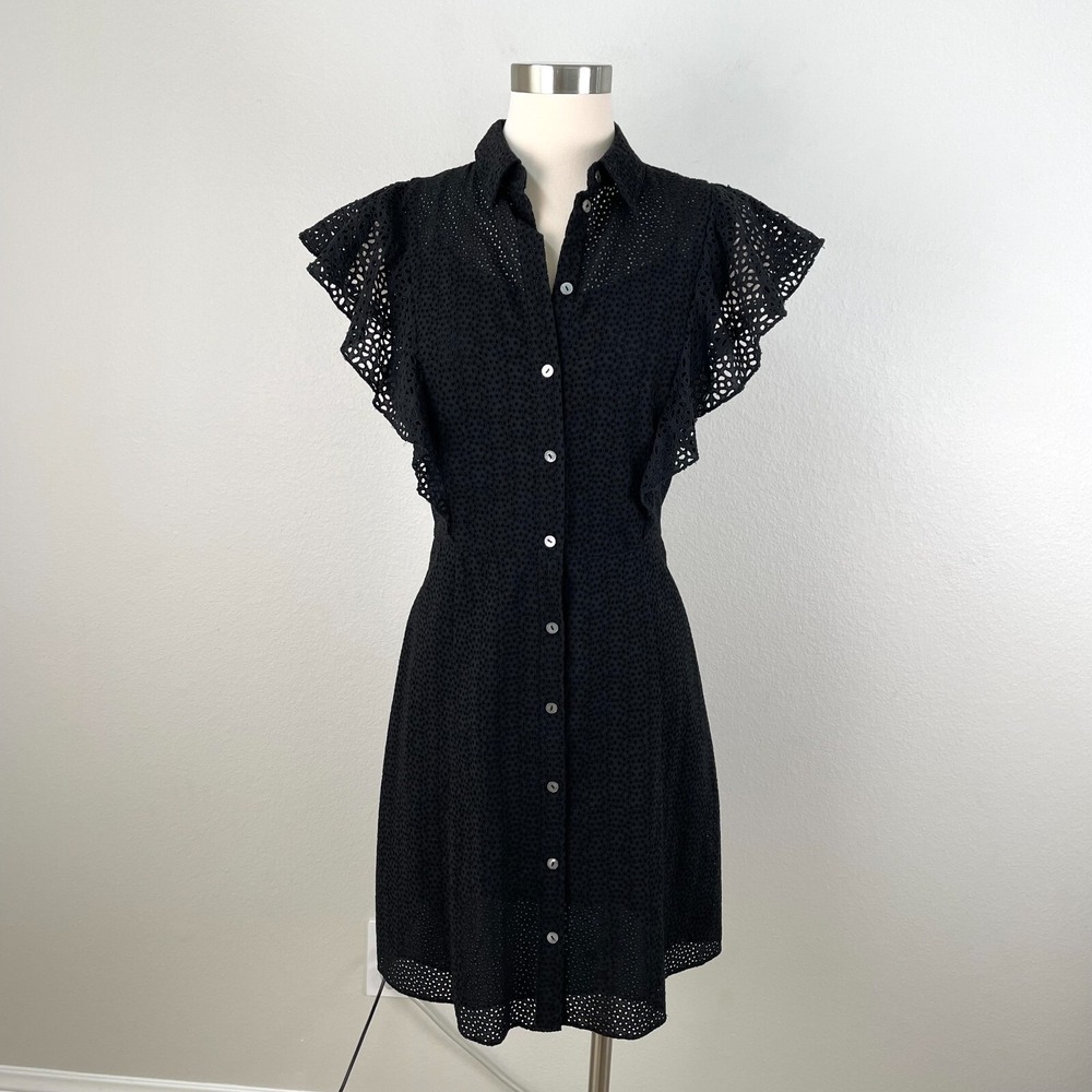 Theory Womens 10‎ Black Nova Ruffled Button Up Eyelet Mini Dress Flutter Sleeve